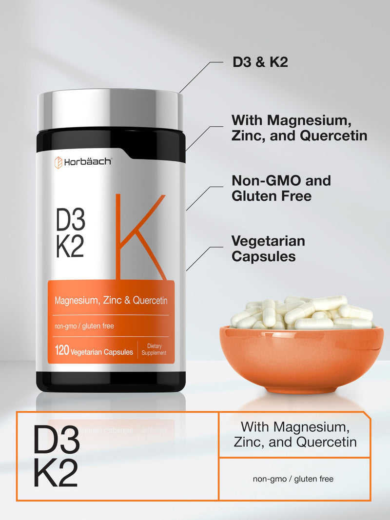 Horbäach Vitamin D3 K2 | 5000 IU D3 | 120 Capsules | With Magnesium, Zinc, & Quercetin | Vegetarian, Non-GMO, Gluten Free Supplement