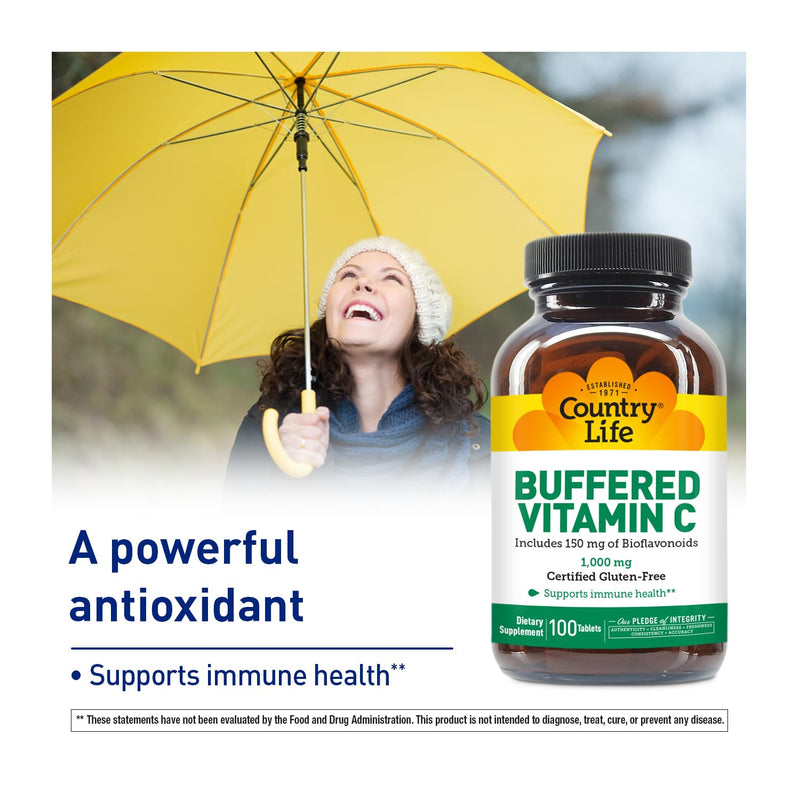 Country Life Buffered Vitamin C 1,000 mg with Bioflavonoids, 100 Tablets | Powerful antioxidant supports immune health; Certified Gluten-Free, Vegan and Kosher Parve 100 Count (Pack of 1)