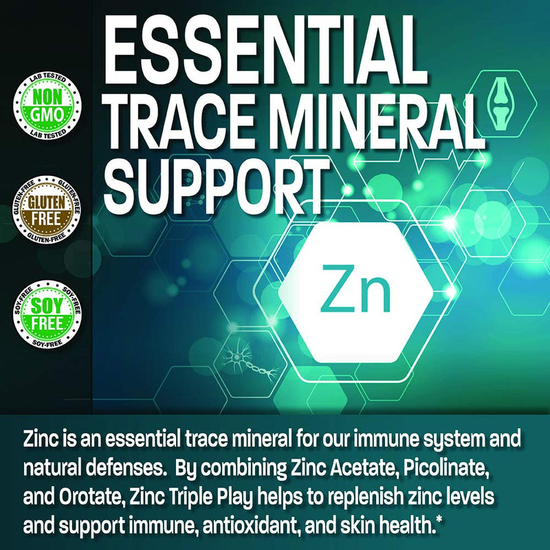 Bronson Zinc Triple Play 30 mg Triple Coverage Immune Support Zinc Supplement with Zinc Acetate, Picolinate & Orotate - Immune, Antioxidant & Skin Health Support - 100 Vegetarian Capsules 100 Count (Pack of 1) - BeesActive Australia