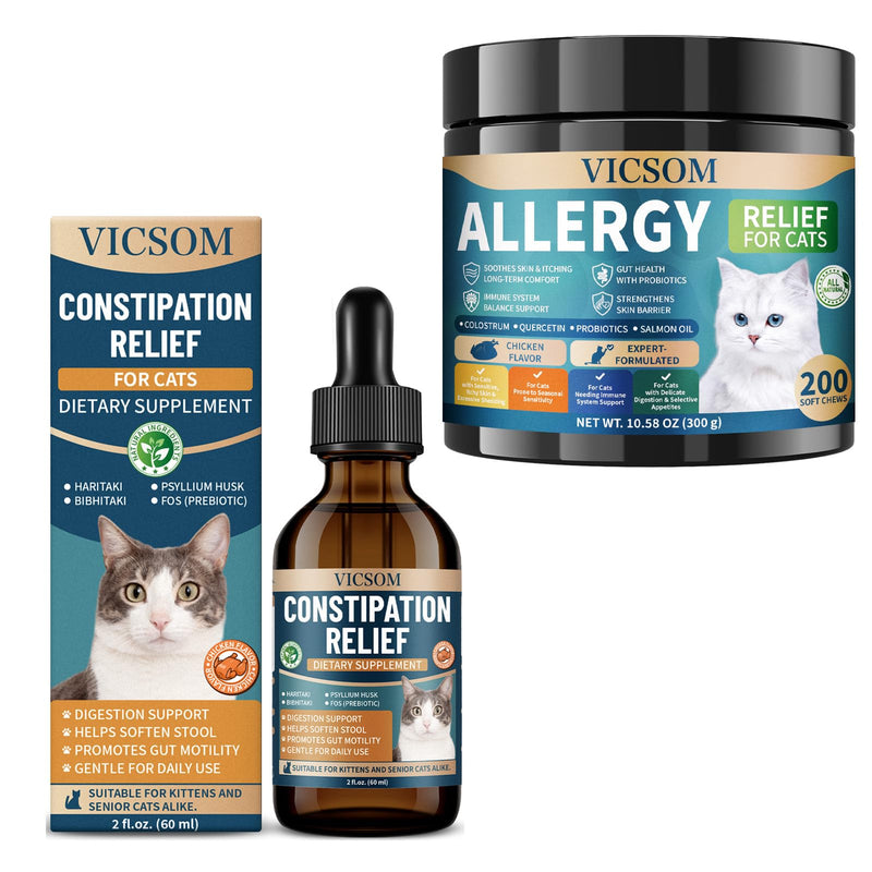 VICSOM Cat Constipation Relief for Cats & 200 Cat Allergy Relief Chews Bundle, Constipation Drops Soften Stool, Itchy Skin Allergy Relief & Immune Support Chews, Chicken Flavor