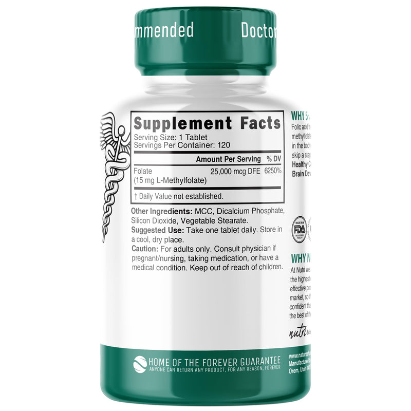 Nutri 5-MTHF L Methylfolate 15MG - 4 Month Supply, 120 Vegan Tablets - Methylated Folate Supplement - Cognitive Function, Heart Health, Prenatal Support - 3rd Party Tested - NSF Certified Facility 120 Count (Pack of 1)