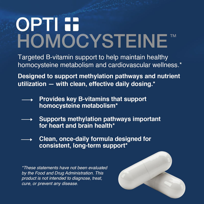 Opti + Homocysteine Capsules | Daily Brain and Heart Health Supplements* | Brain Supplement with Methylcobalamin & Methylfolate | 60 capsules/30 Servings