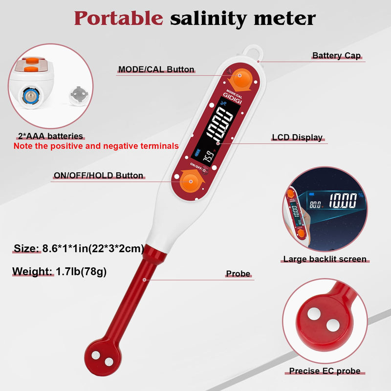 Salinity Meter Food Digital Salt Tester Portable Salinometer Reader Measure Salt in Fermenting Hot Soup Cooking Water Salty Food Liquid EC TDS Meter Hydrometer for Lab Water Test Aquaculture - BeesActive Australia