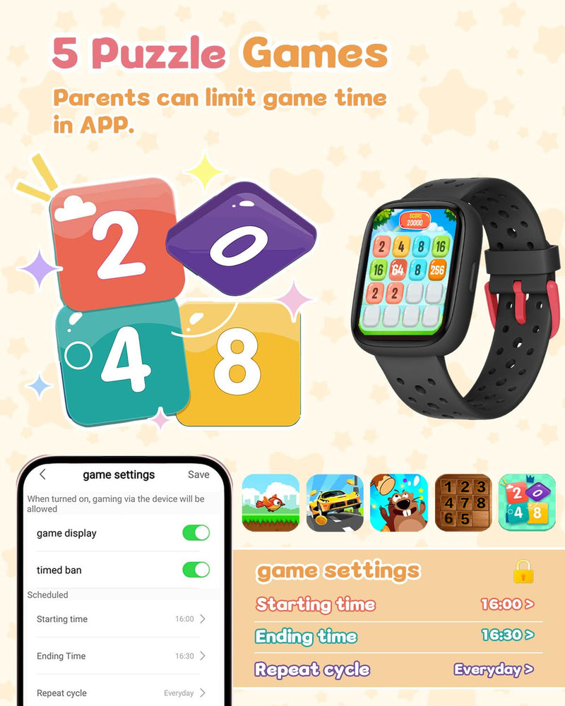 Kids Watch for Boys 5-12, Kids Smart Watch Fitness Tracker Pedometer, No Phone Needed, Puzzle Games with Parental Control, IP68 Waterproof, Heart Rate, Sleep Monitor, Step Counter, 80 Sports Black