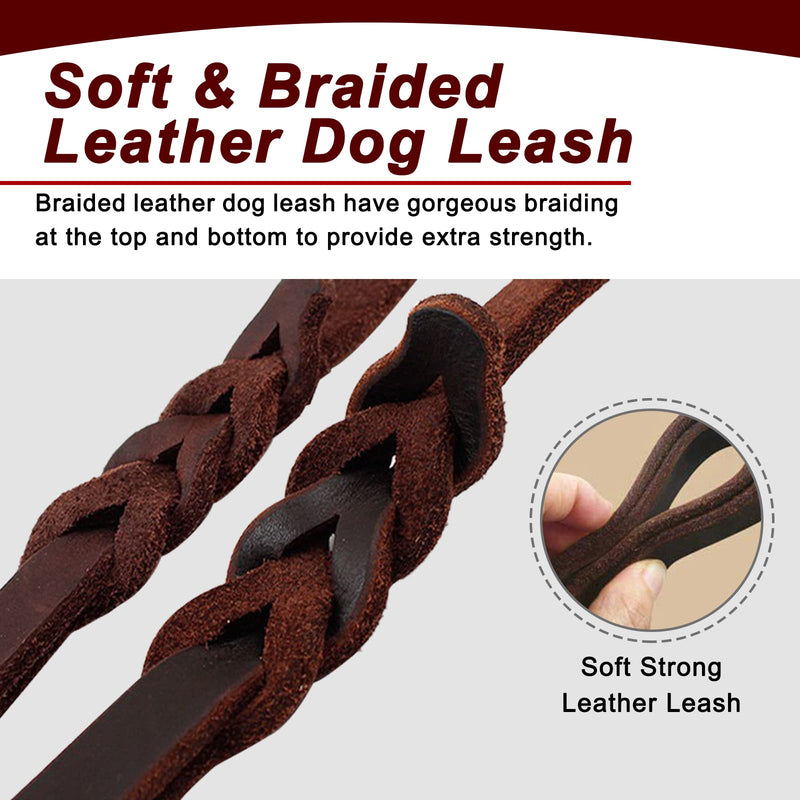 Leather Dog Leash, 5ft/6ft/8ft Braided Leather Leash for Dogs, Heavy Duty Dog Leashes with Rotating Clasp, Soft and Durable Leather Dog Training Leash for Large Medium Small Dogs (Brown, 6Ft x 1/2") 6Ft x 1/2" Brown - BeesActive Australia
