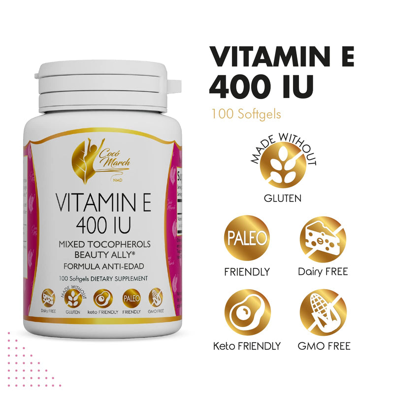 Coco March Natural Vitamin E 400 IU -Mixed Tocopherols, Beauty Ally, 3 Month Supply - Gluten Free, Paleo Friendly, Dairy Free, Keto Friendly, GMO Free, 100 Softgels - BeesActive Australia