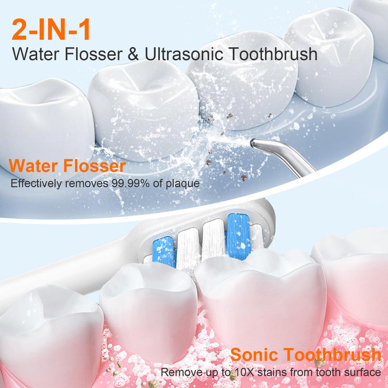 H2ofloss Sonic Electric Toothbrush and Water Flosser Combo, Rechargeable 2000mAh Toothbrush and 2500mAh Oral Irrigator with 300ml Tank, 4 Brush Heads, 5 Nozzles, 2 in 1 for Home and Travel (White) White