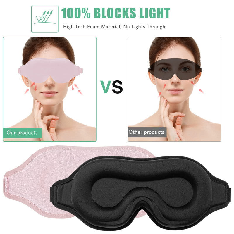 BeeVines 2 Pack 3D Contoured Sleep Mask Sleeping Eye Masks for Lash Extensions, Night Molded Mask with Adjustable Strap, 100% Block Light Eye Shade Cover for Traveling Yoga Nap 01 Pink & Black (2 Packs)