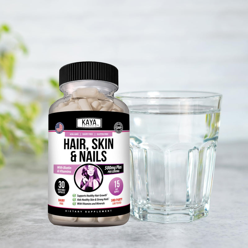 Kaya Naturals Hair Skin Nail Capsules, 30 Count | Biotin, Vitamin D, Vitamin B-12, Vitamin A, Folic Acid 30 Count (Pack of 1)