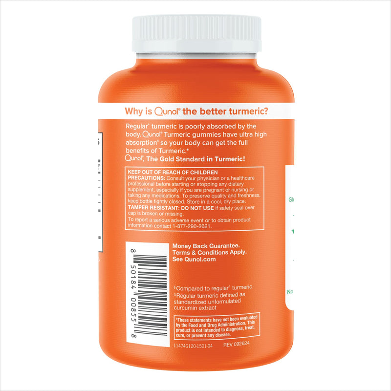 Qunol Turmeric Gummies, Gummy with 500mg Turmeric Curcumin, Joint Support Supplement, Ultra High Absorption Tumeric Curcumin, Vegan, Gluten Free, 2 Month Supply, 120 Count Orange 120 Count (Pack of 1)