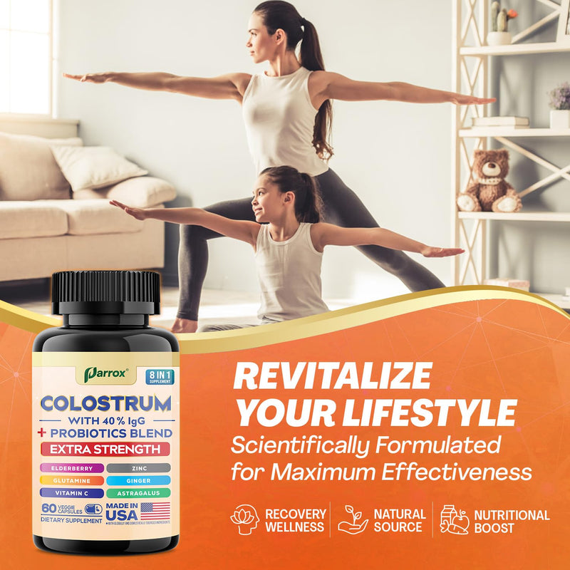 Colostrum Supplement Capsules, Grass Fed 40% IgG, 8-in-1, 180 Capsules | 8-in-1 Bovine Boost with Probiotics, Elderberry, Astragalus, Zinc, Ginger, Vitamin C & L-Glutamine 180 Count (Pack of 1)