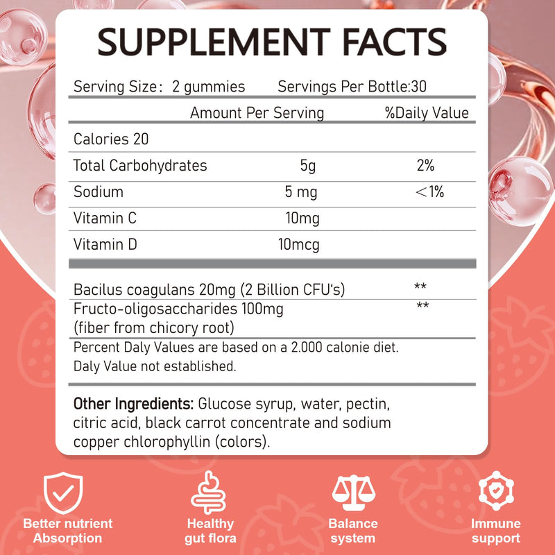 Probiotic Fiber Gummies for Adults, No Sugar Added Strawberry Flavor– 120 Billion CFUs –Vitamin C,Vitamin D–Digestive Health & Regularity Support(60 Count) 1 Count (Pack of 60)