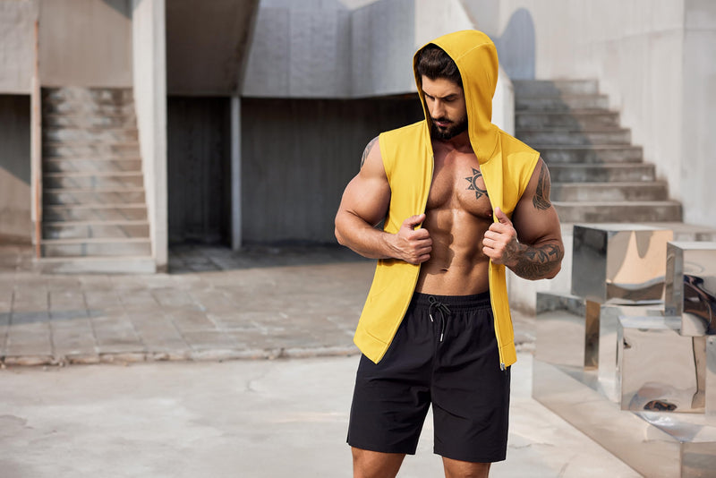 COOFANDY Men's Workout Hooded Tank Tops 2 Pack Zip Up Sleeveless Gym Shirts Muscle Cut Off T Shirt Bodybuilding Hoodies X-Large Yellow(1pcs) - BeesActive Australia