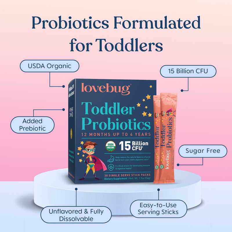 LOVEBUG Award Winning Probiotics | Constipation & Stomach Discomfort | Softer Bowel Movements | Easy-to-Take Powder | Ages 12 Months to 4 Years | 60 Packets 60 Pack (Pack of 1)