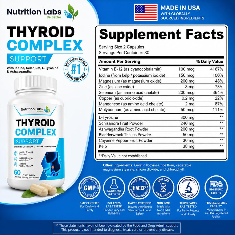 Thyroid Support Supplement for Women & Men | Iodine, Selenium, L-Tyrosine, Ashwagandha & Vitamin B12 | Daily Metabolism & Energy Support | Non-GMO | 60 Capsules | Nutrition Labs