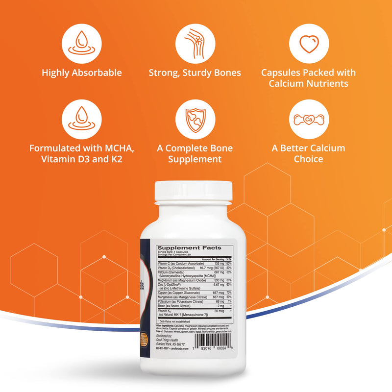 Bone Essentials with MCHA & Collagen, Calcium Supplement w/Calcium Hydroxyapatite for High Absorption, Bone Density and Heart Supplement w/Vitamins, Minerals & Proteins, 120 Capsules