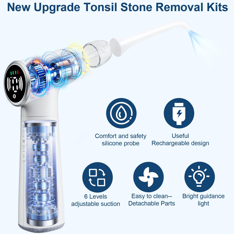 Upgraded Tonsil Stone Remover Tool, Upgraded Electric Tonsil Stone Removal Kit - with Built-in LED Light & 6-Level Suction for Bad Breath Prevention, Oral Suction Device for Stone Removal Ivory - BeesActive Australia