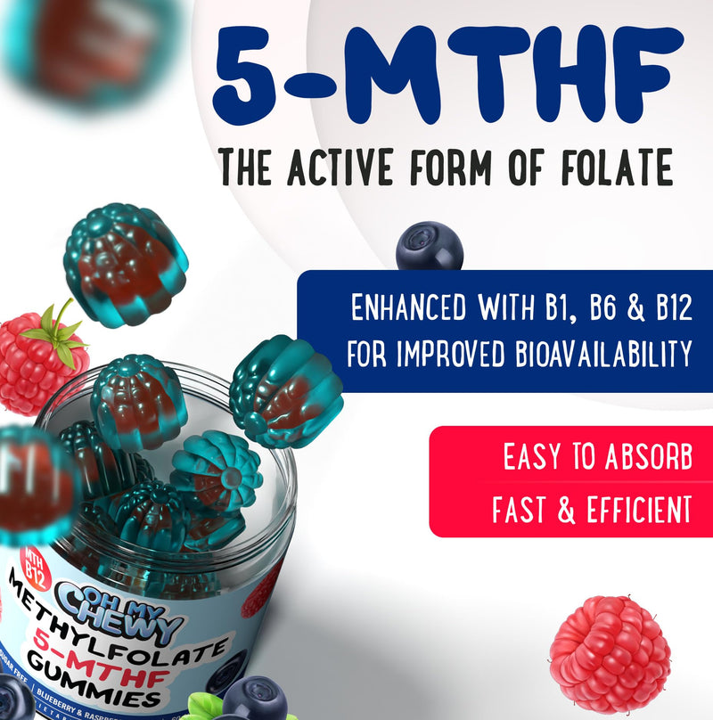 Center-Filled 5-MTHF Folate Gummies - Sugar-Free L-Methylfolate Supplement | MTHFR Support Sugar-Free Vitamins B Complex with Methylated B1, B6 and B12 Cofactor - Mood, Behavior, Cognition 120 Count (Pack of 1)