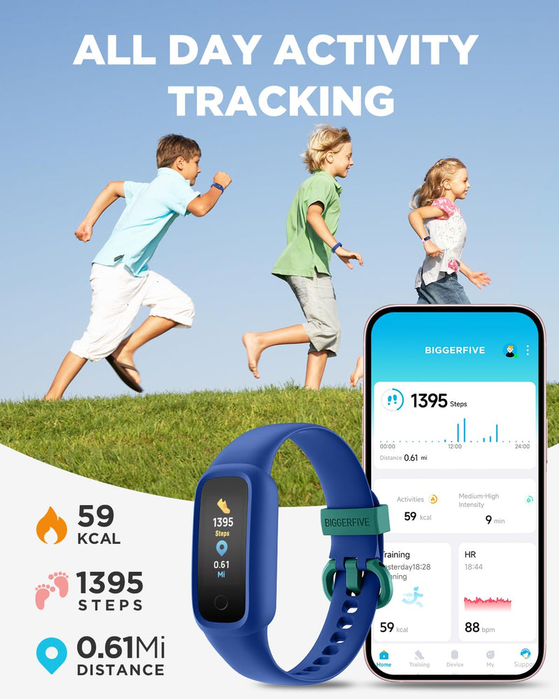 BIGGERFIVE Vigor 2 L Kids Fitness Tracker Watch for Boys Girls Ages 5-15, Activity Tracker, Heart Rate Sleep Monitor, IP68 Waterproof, Pedometer, Calorie Step Counter Watch, Blue - BeesActive Australia