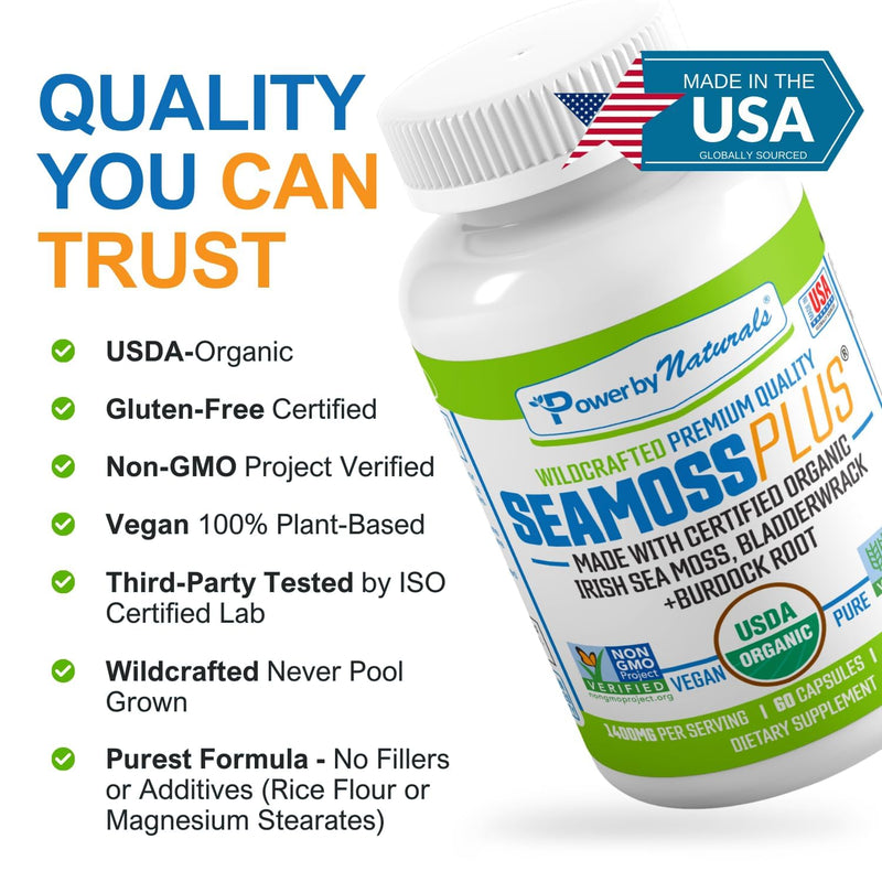 Power By Naturals Sea Moss Plus – USDA Organic Irish Sea Moss Capsules with Bladderwrack & Burdock Root – Immune Support – Vegan, Non-GMO, Gluten-Free – 120 Capsules, 2-Pack (2-Month Supply) | With Bladderwrack & Burdock Root - Immune Support - Vegan, ...