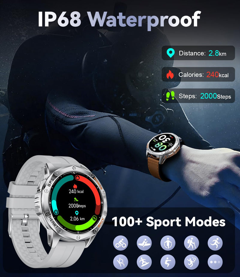 LIGE DM1 GPS Military Smart Watch for Men, 100+ Sports Modes Fitness Tracker, LED Flashlight/Compass/45 Days Battery/IP68 Waterproof 1.43'' AMOLED Always on Display Smartwatch for Android iOS, Sliver DM1-D1-US