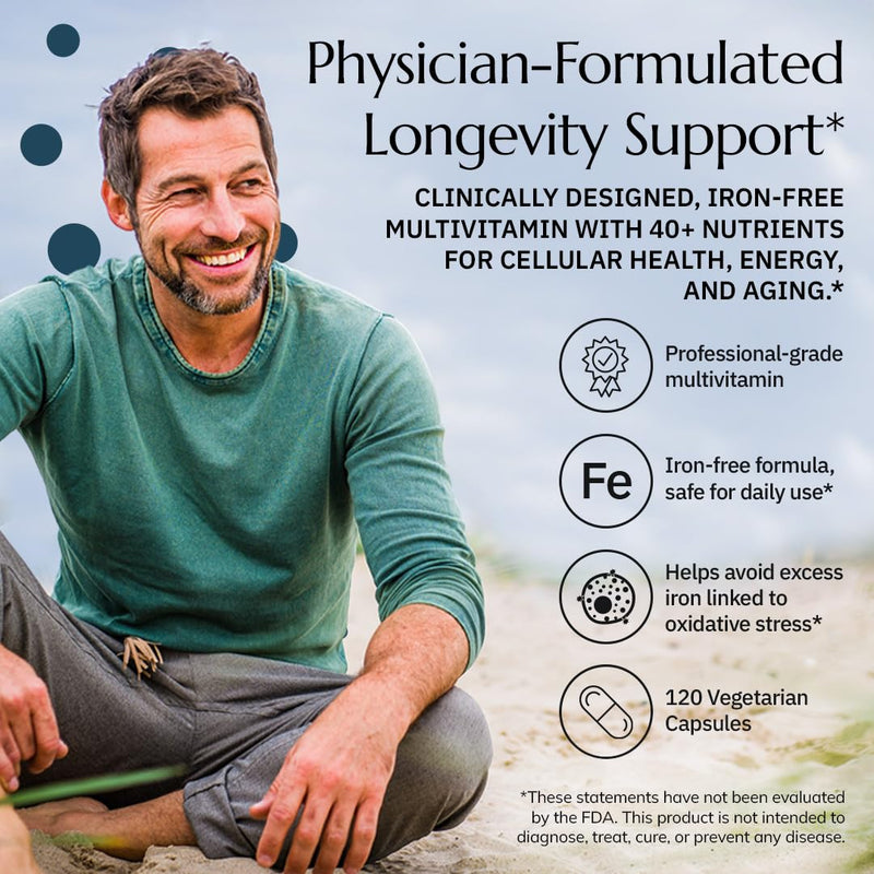 Neurobiologix Longevity Multi Multivitamin, NR & CoQ10, 120 Capsules | for Men & Women, Over 40 Vitamins & Minerals, Iron-Free, Active B, Energy Support
