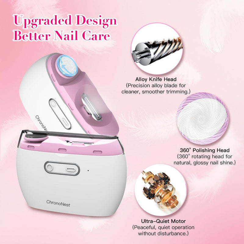 Electric Nail Clipper 2-in-1, Automatic Nail Trimmer & Polisher with LED Light, Rechargeable Manicure Kit Safe for All Ages, Kids, Seniors & Weak Hands(Pink) Light Pink - BeesActive Australia