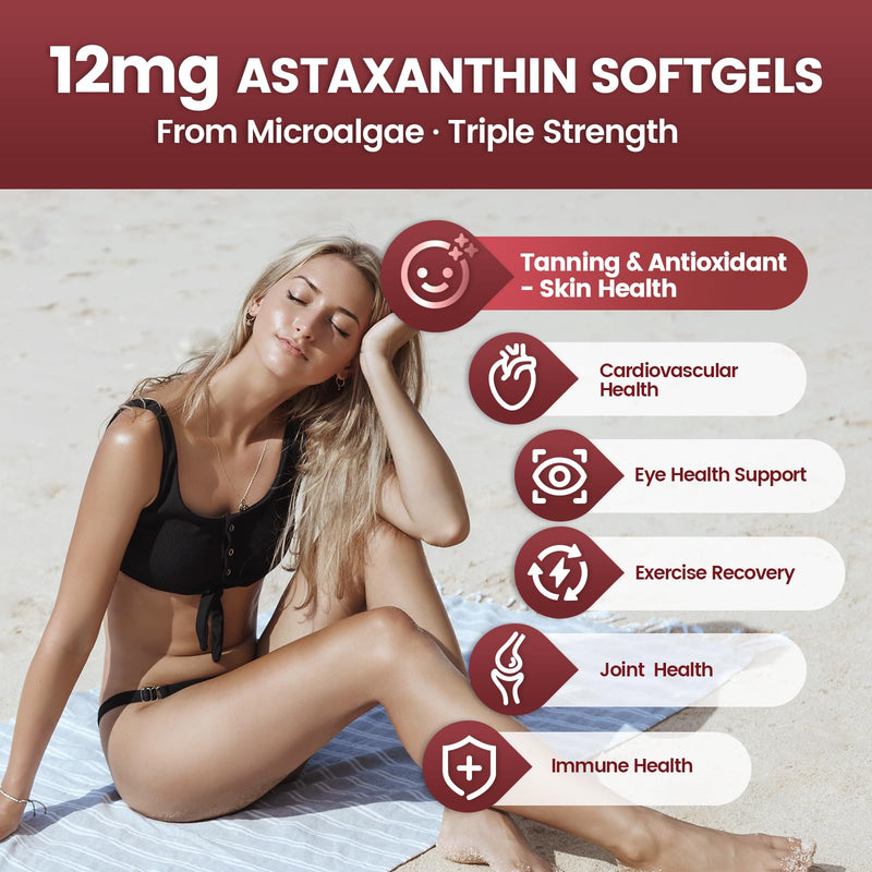 Astaxanthin 12mg, 240 Softgels, Fresh Haematococcus Pluvialis 10 in 1 Astaxanthin Antioxidant Supplements, Contains Lycopene, Grape Seed, Vitamin E, & More Supports Eye, Joints, Skin Health, 1 Bag Red: 1 Bag - BeesActive Australia