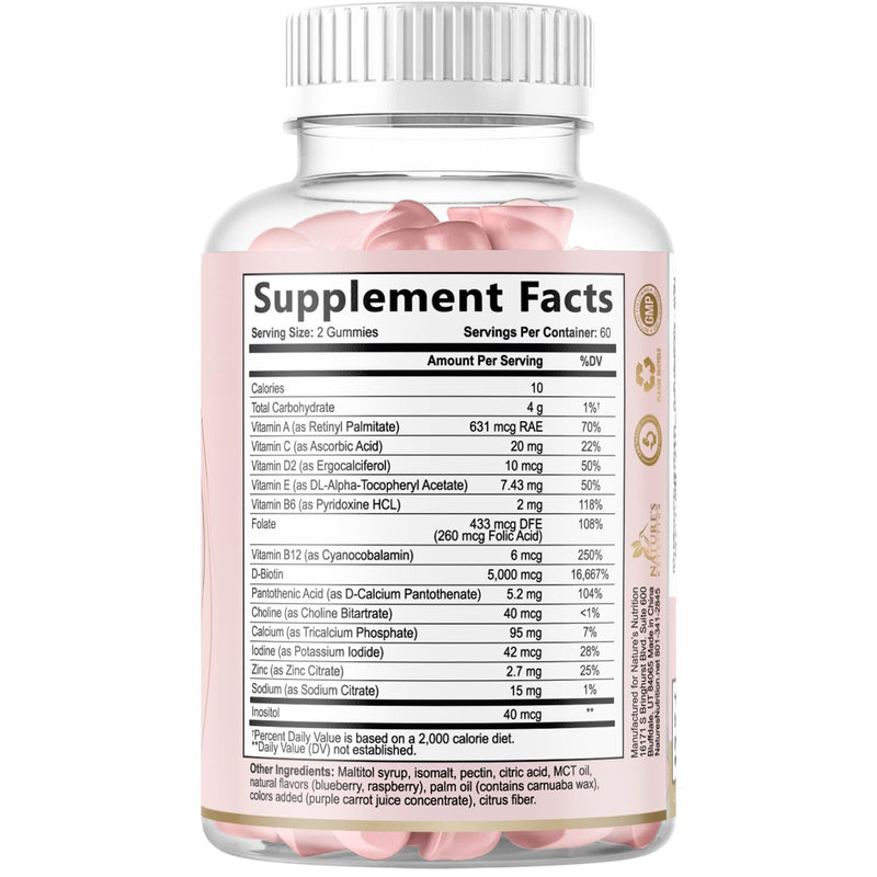 Hair Vitamins Gummies - Sugar Free Hair Growth Support Gummy with Biotin 5000 mcg Per Serving, Vitamin A, B12, C, D, E, Folic Acid - Supports Strong Beautiful Hair and Nails, Vegetarian - 120 Gummies 120 Count (Pack of 1)