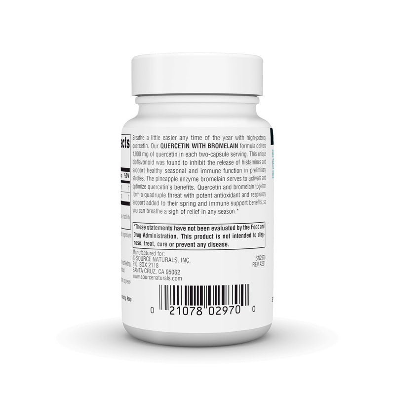 Source Naturals Quercetin with Bromelain, 500 mg - 30 Vegan Capsules | 1000 mg per Serving | Respiratory and Immune Support*