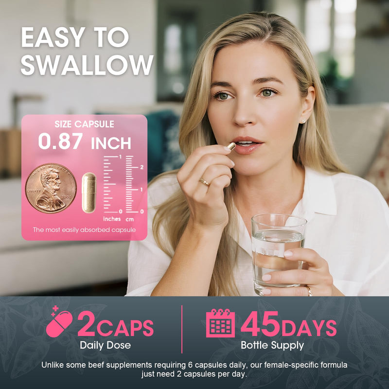 Beef Organ Supplement for Women - Grass Fed Beef Liver Uterus* Adrenals Heart Bone Marrow Colostrum for Female Hormonal* Digestive Energy Immunity Beauty | Non-GMO Gluten-Free (90 Capsules for 45 Day) 90 Count (Pack of 1) - BeesActive Australia
