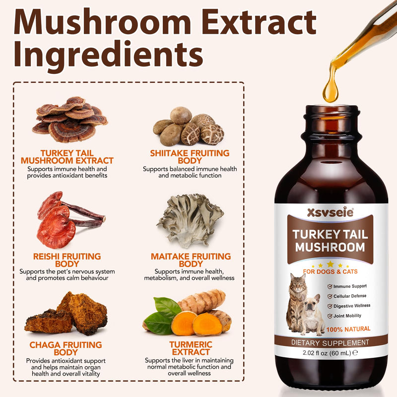 Turkey Tail Mushroom for Dogs & Cats - Immune Defense for Pets, Immune & Digestive Drops with 5X Mushrooms, Turmeric & Probiotic