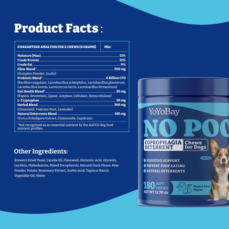No Poo Chews for Dogs, Coprophagia Deterrent, Stool Eating Deterrent - with Probiotics, Fiber Blend, Natural Deterrent - Digestive Health & Immune Support - 180 Soft Chews, Duck & Pear Flavor 180ct-No Poo Chews