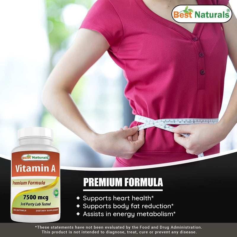 Best Naturals Vitamin A 25000 IU (7500 mcg), Non-GMO Formula Supports Healthy Vision & Immune System and Healthy Growth & Reproduction, 180 Softgels (180 Count (Pack of 2))