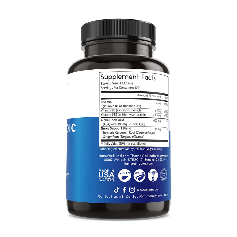 Toms Remedies Alpha Lipoic Acid Supplement 600mg Nerve Support | Vegan capsules with B-vitamins and a nerve support blend, No fillers, 60 count per bottle 120 Count (Pack of 1)