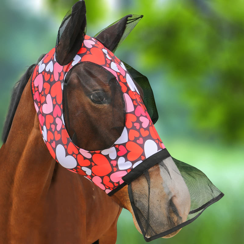 Horse Fly Mask with Nose Skirt Fine Mesh Sleek Pull-on Design-Cute Hearts (L; Full Size) Full (Large) Cute Hearts - BeesActive Australia