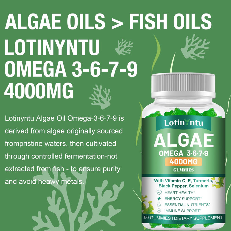 Algae Omega 3 Gummies 4000mg - Fish Oil Gummies Alternative from Algae Oil, DHA 1500MG & EPA 270MG, Vitamin C, E,Turmeric, Black Pepper & Selenium, Supports Heart, Brain & Immune Wellness, 60 Gummies 60 Count (Pack of 1)