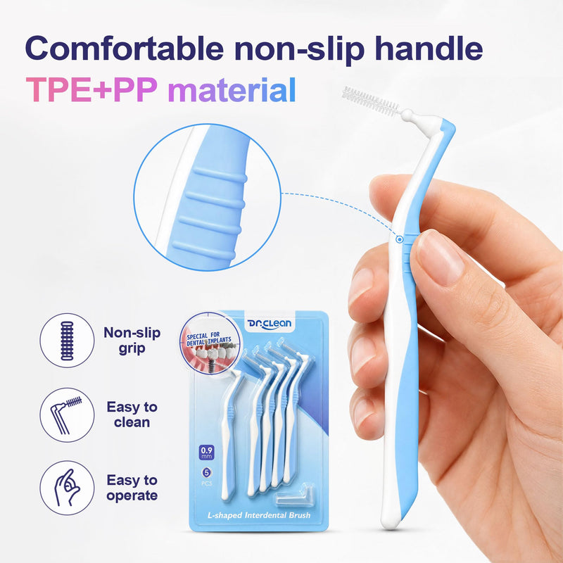 DR.CLEAN Angled Interdental Brushes (0.9mm Tight Teeth Gaps),Interproximal Dental Brush for Braces and Tight Gaps, Long Handle L-Shaped Cleaner for Back Teeth, Bridges and Implants 4 Boxes / 20 Pieces