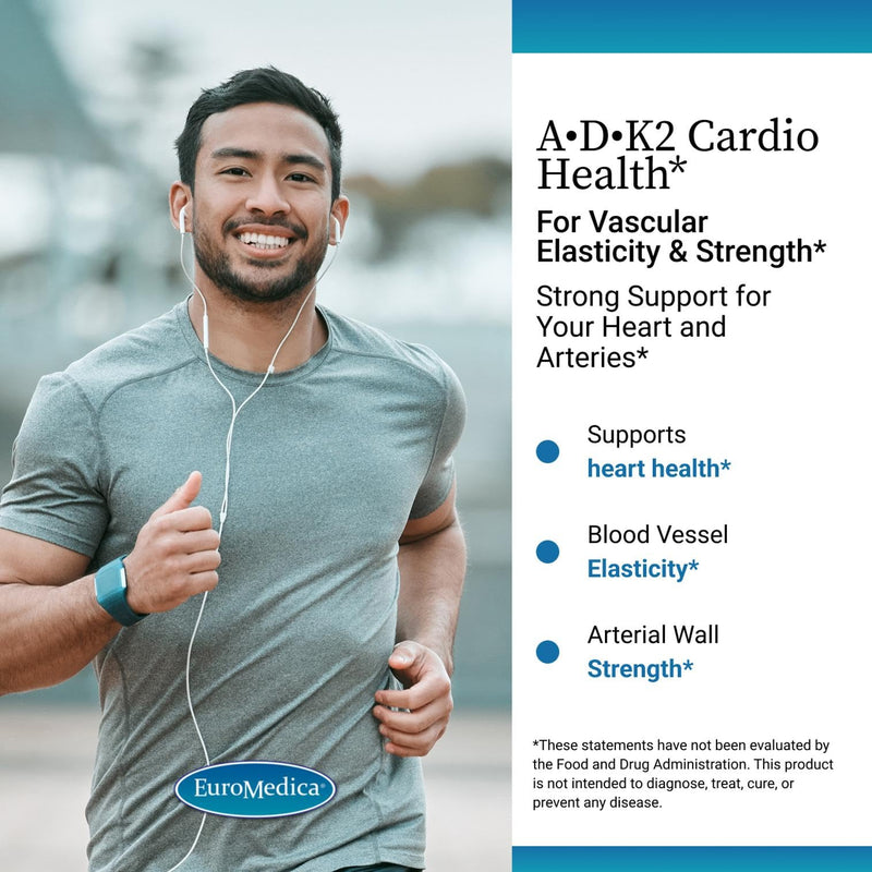 EuroMedica A-D3-K2 Cardio Health - 60 Count | Vitamin A, D3 5000 IU and K2 MK-7 Supplement - Arterial Flexibility, Bone and Cardiovascular Health Support - 60 softgels.