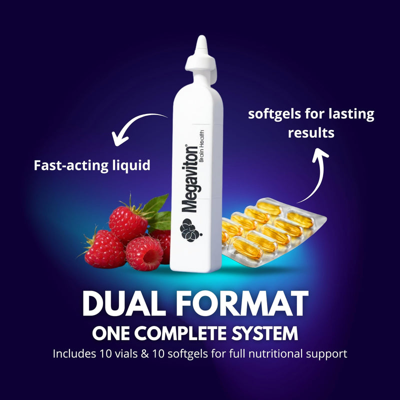 Brain Health Complete 3-in-1 Formula in 10 Liquid vials and 20 softgels, offering Daily Support for Cognitive Function, Mental Clarity, and Nervous System Health.