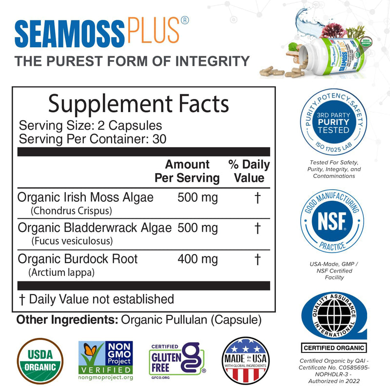 Power By Naturals Sea Moss Plus – USDA Organic Irish Sea Moss Capsules with Bladderwrack & Burdock Root – Immune Support – Vegan, Non-GMO, Gluten-Free – 120 Capsules, 2-Pack (2-Month Supply) | With Bladderwrack & Burdock Root - Immune Support - Vegan, ...