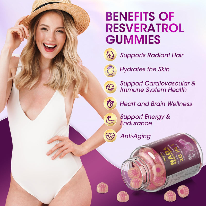 NAD Resveratrol Gummies, NAD supplements for Women with Hydrolyzed Collagen, Grape Seed, and D-Biotin Support Antioxidant Action, Anti-Aging, Cell Regeneration & Energy, Sugar-Free, 60 Gummies, 3 Pack 60 Count (Pack of 3)
