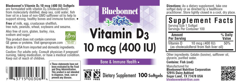 Bluebonnet Nutrition Vitamin D3 400 IU Softgels, Aids in Muscle and Skeletal Growth, Cholecalciferol from Fish Oil, Non GMO, Gluten Free, Soy Free, Dairy Free, 100 Softgels | Third-party tested for purity and potency; manufactured in the USA