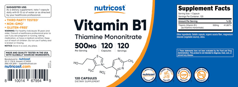 Nutricost Vitamin B1 (Thiamine) 500mg, 120 Capsules (Pack of 2) 120 Count (Pack of 2)