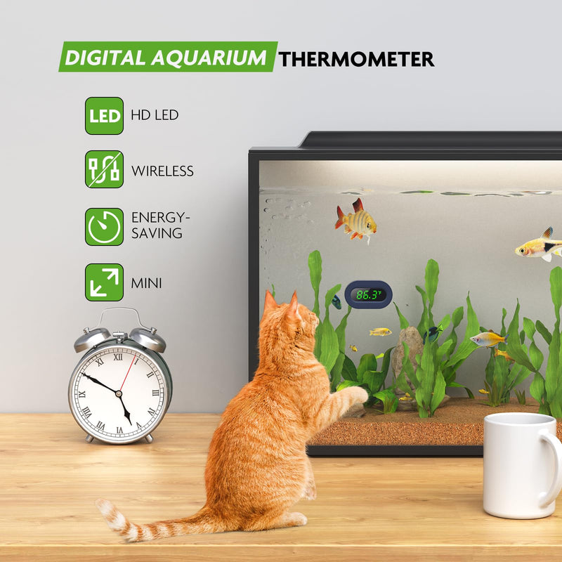 PAIZOO Aquarium Thermometer Digital, LED Display Fish Tank Thermometer Stick On Highly Accurate to ±0.9℉, Wireless Temperature Measurement for Fish, Betta, Aquatic, Replaceable Battery Green Display