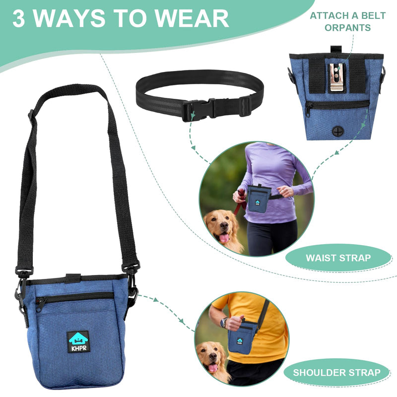 Dog Treat Pouch Magnetic Closure with Training Clicker，Hands-Free Design to Prevent Spills，Built in Poop Bag Dispenser，3 Ways To Wear，Metal Clip Waist Belt and Fanny Pack for Pet Walking（Blue） Blue - BeesActive Australia
