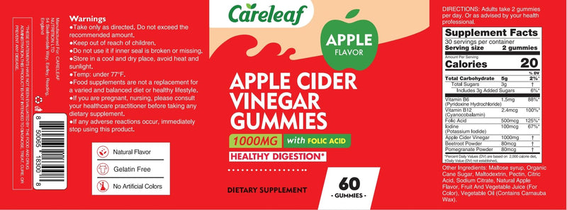 Apple Cider Vinegar Gummies, Metabolism Gummy with 1000mg AVC & Vitamin B6 Vitamin B12, ACV Gummies for Metabolism, Digestion, Detox, Gut & Immune Health, 60 Counts