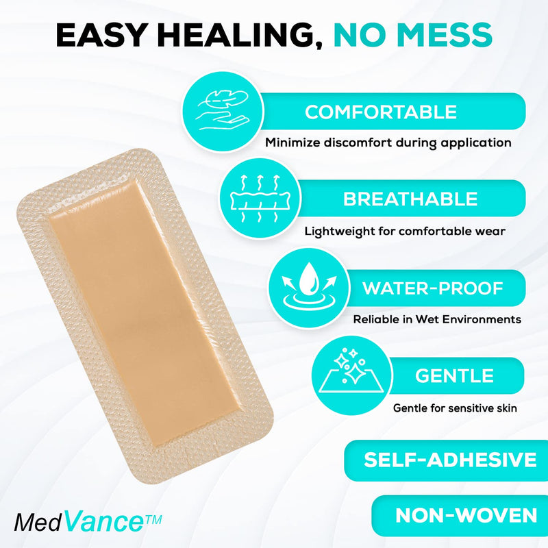 MedVance Bordered Adhesive Silicone Foam Dressing Pack of 10 - Waterproof Silicone Pad - Easy Apply & Remove Sterile Bandages - Wound Care & Dressings for Burns & More (4"x8" Bandage, 2.4"x 6.4" Pad) 4"x8" 10 Pack - BeesActive Australia