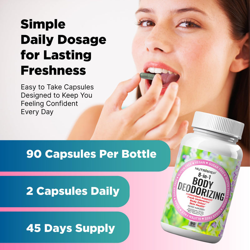 NutraPep Body Deodorizing Supplement - Odor Eliminator & Internal Deodorant Pills for Fresh Breath Skin Health & Detox - Full Body Deodorizer Capsules with Chlorophyll Complex Vitamins 90 Count (Pack of 2)