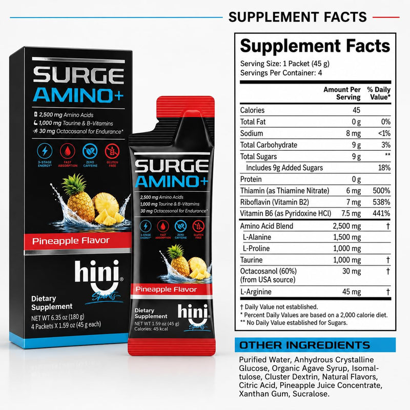 HINI Surge Amino+ Energy Gel, Pineapple Flavor, 4 Packets | 2,500 mg amino acid blend, 1,000 mg taurine, B vitamins and 30 mg octacosanol per packet.